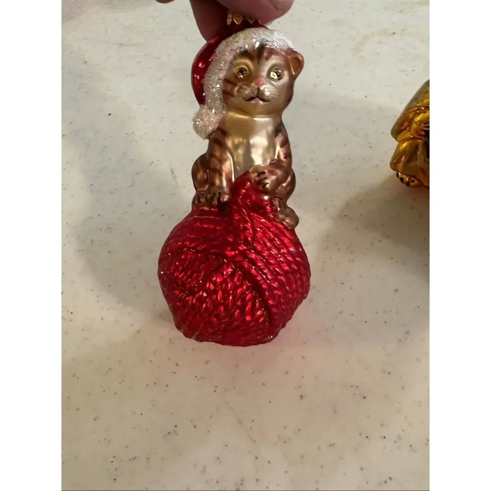 Holiday Christmas Cat Kitten Blown Glass Ornaments Set of 3